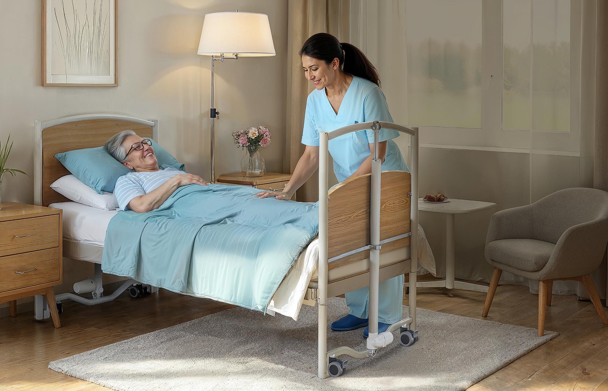 Care worker at bedside of elderly patient